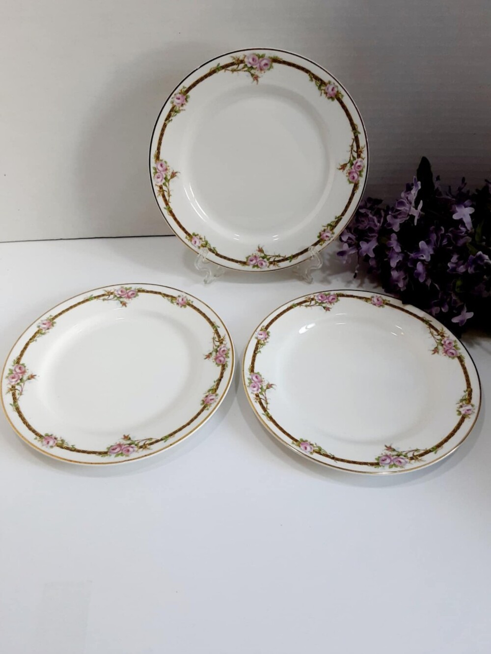 3 Vintage Johnson Bros. Bread/Cake Plates Pretty Pink Roses 6 1/2" England J.B.